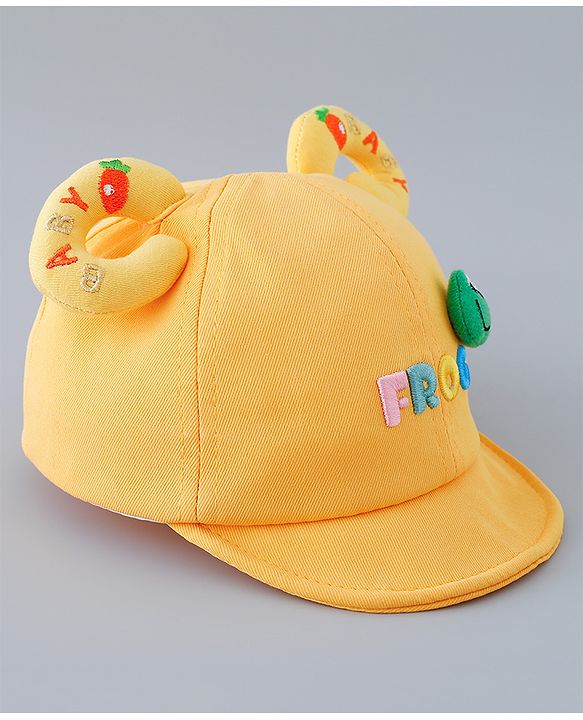 Babyhug Cotton Baseball Cap With Frog Applique - Yellow