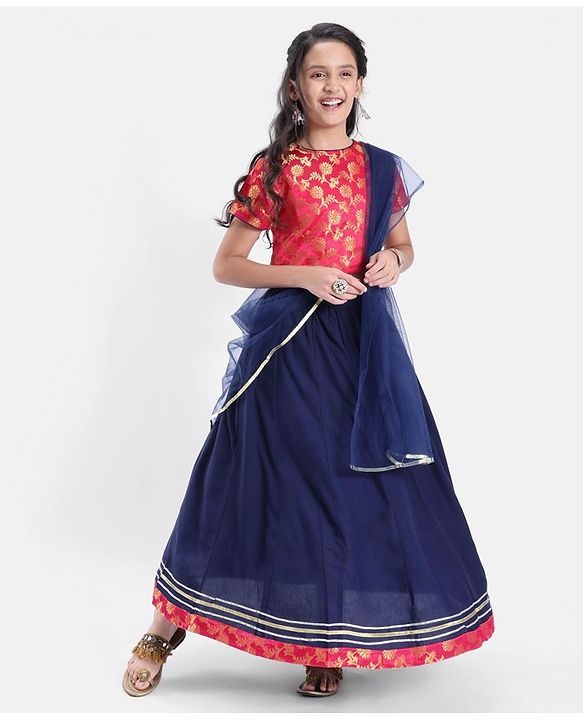 Pine Kids Rayon Half Sleeves Brocade Choli Lehenga  Set- Navy