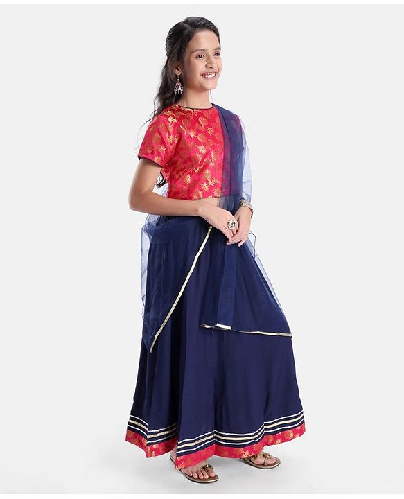 Pine Kids Rayon Half Sleeves Brocade Choli Lehenga  Set- Navy