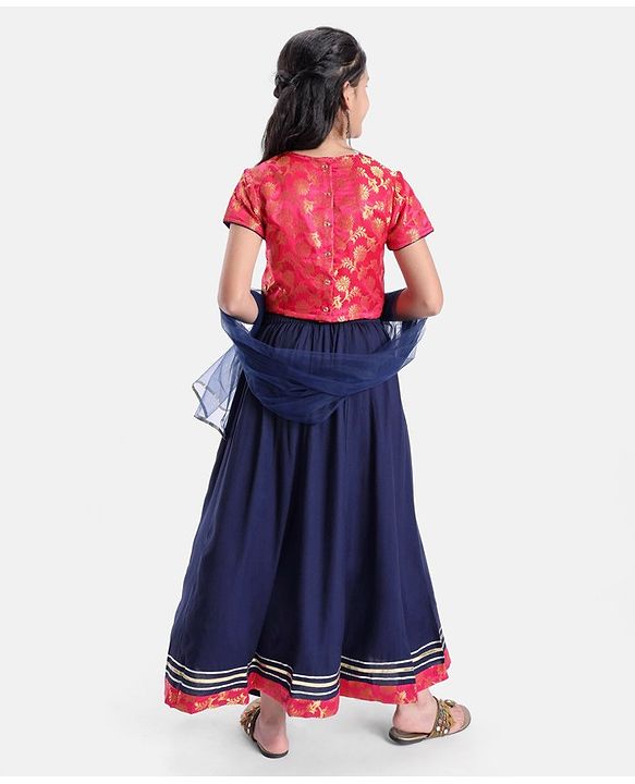Pine Kids Rayon Half Sleeves Brocade Choli Lehenga  Set- Navy