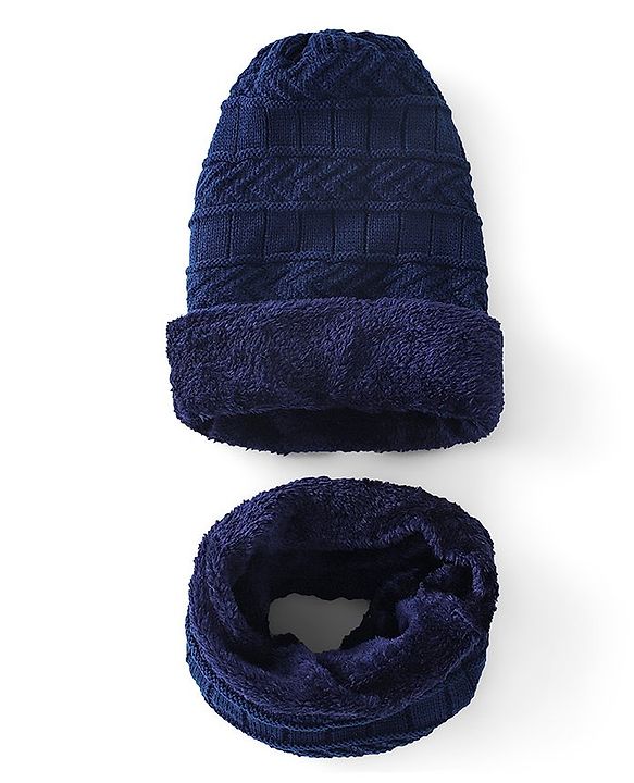 Pine Kids Knitted Woolen Cap & Snood Set with Cable Knit Design Navy Blue - Diameter 13.5 cm