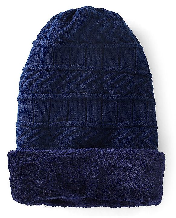 Pine Kids Knitted Woolen Cap & Snood Set with Cable Knit Design Navy Blue - Diameter 13.5 cm
