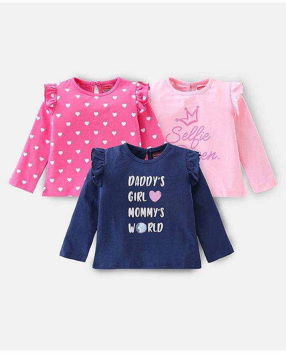 Babyhug 100% Cotton Knit Full Sleeves  Tops with Heart Graphics Pack of 3 -Multicolour