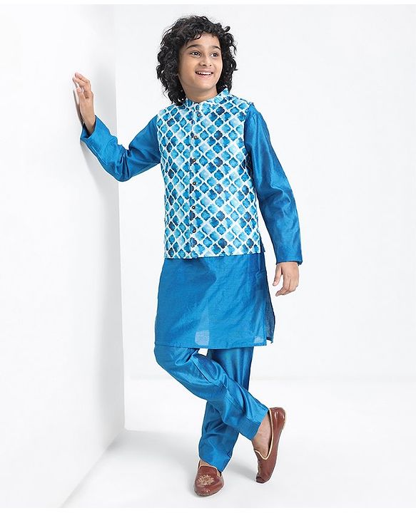 Pine Kids Full Sleeves Kurta Pyjama Set with Printed Bandi - Blue