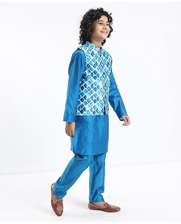 Pine Kids Full Sleeves Kurta Pyjama Set with Printed Bandi - Blue