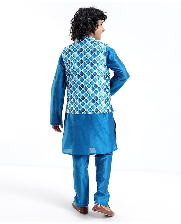 Pine Kids Full Sleeves Kurta Pyjama Set with Printed Bandi - Blue