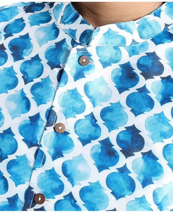 Pine Kids Full Sleeves Kurta Pyjama Set with Printed Bandi - Blue