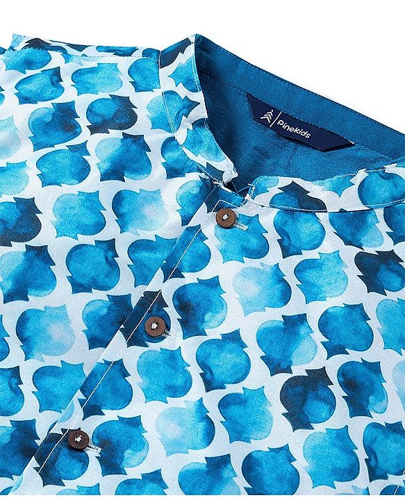 Pine Kids Full Sleeves Kurta Pyjama Set with Printed Bandi - Blue