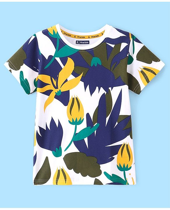 Pine Kids Half Sleeves Floral Print Bio Washed T-Shirt - White