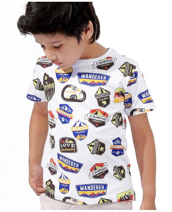 Pine Kids Half Sleeves Printed Bio Washed T-Shirt - White