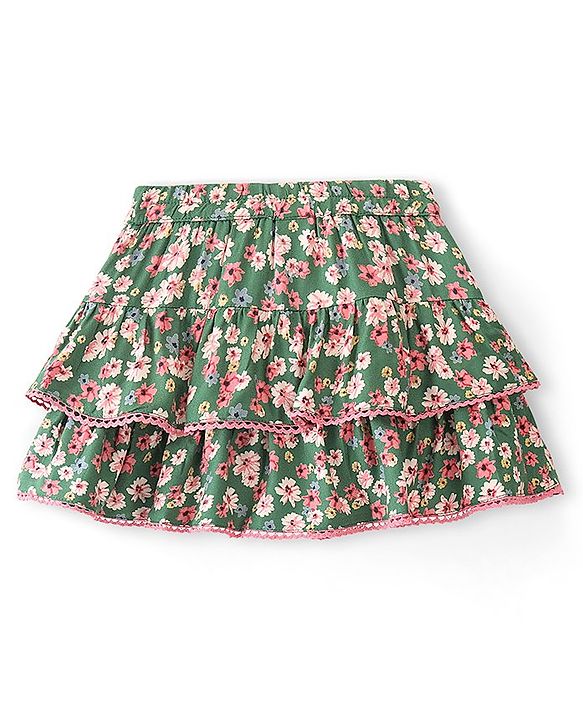 Babyhug Rayon Woven Mid Thigh Length Floral Printed Layered Skirt - Green