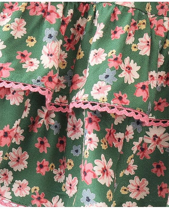 Babyhug Rayon Woven Mid Thigh Length Floral Printed Layered Skirt - Green