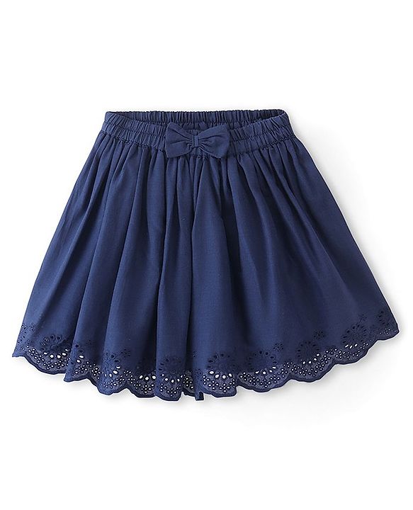 Babyhug Cotton Woven Mid Thigh Length Skirt with Lining & Bow Applique - Navy Blue