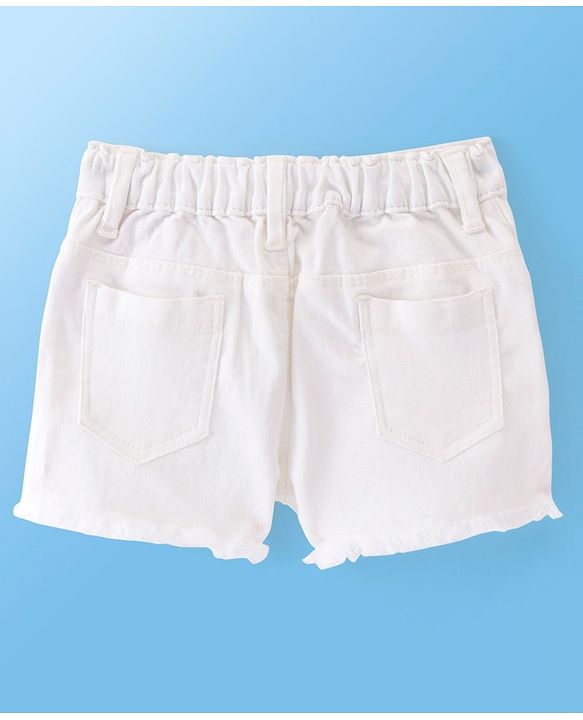 Babyhug Cotton Spandex Mid Thigh Length Stretchable Denim Shorts with Floral Embroidery - White