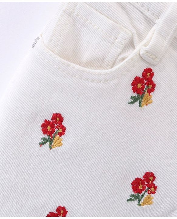 Babyhug Cotton Spandex Mid Thigh Length Stretchable Denim Shorts with Floral Embroidery - White