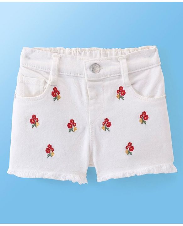 Babyhug Cotton Spandex Mid Thigh Length Stretchable Denim Shorts with Floral Embroidery - White