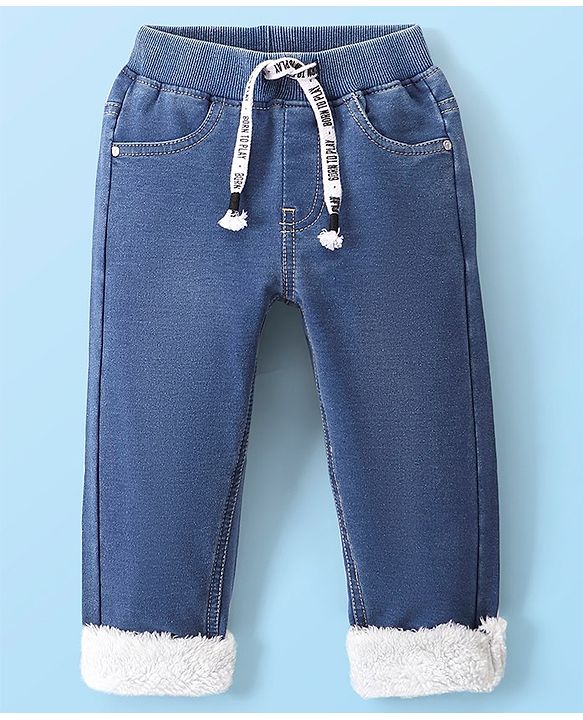 Babyhug Full Length Stretchable Solid Color Denim Jogger - Blue