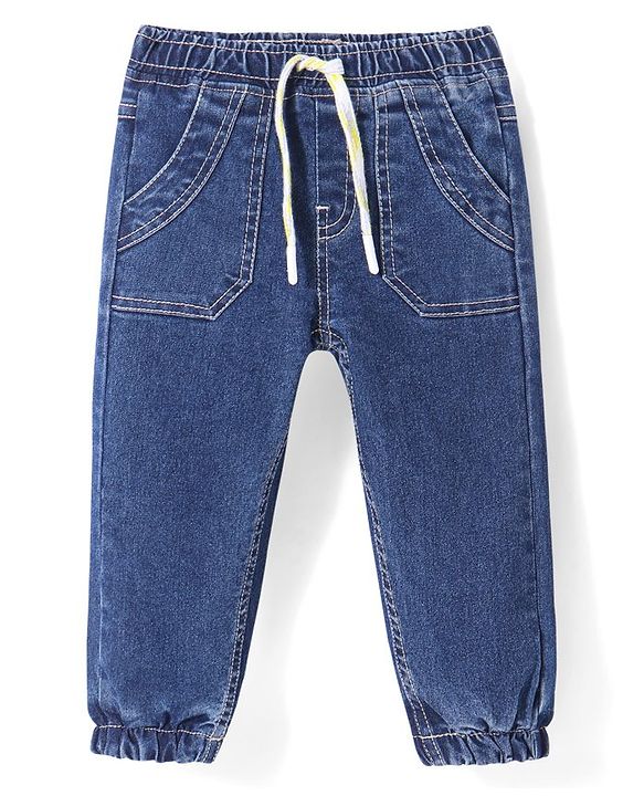 Babyhug Cotton Spandex Full Length Solid Stretchable Jogger - Blue