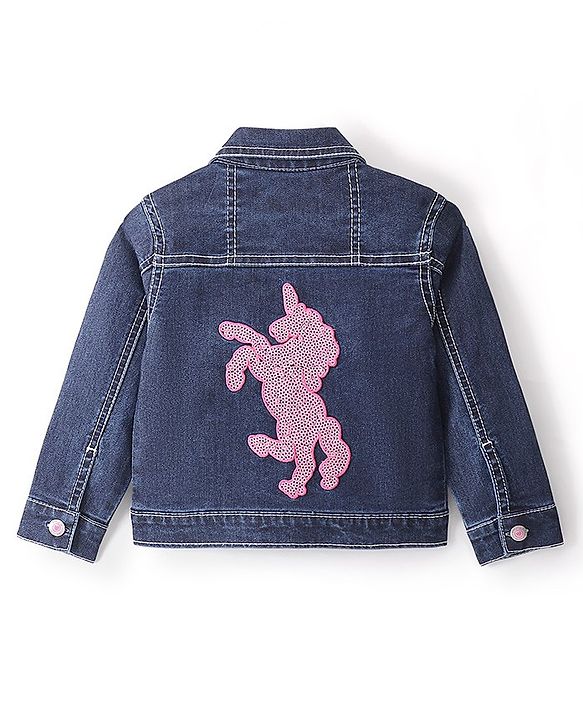 Babyhug Full Sleeves Denim Jacket With Pockets Unicorn Sequins - Blue