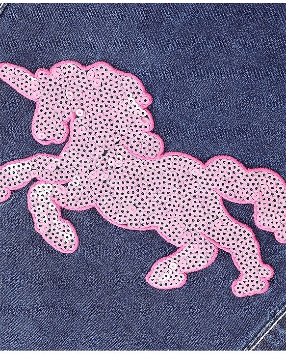 Babyhug Full Sleeves Denim Jacket With Pockets Unicorn Sequins - Blue