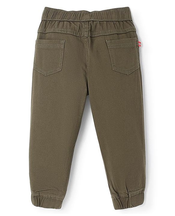 Babyhug Cotton Woven Full Length Trousers with Stretch Solid Color - Olive