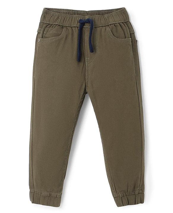 Babyhug Cotton Woven Full Length Trousers with Stretch Solid Color - Olive