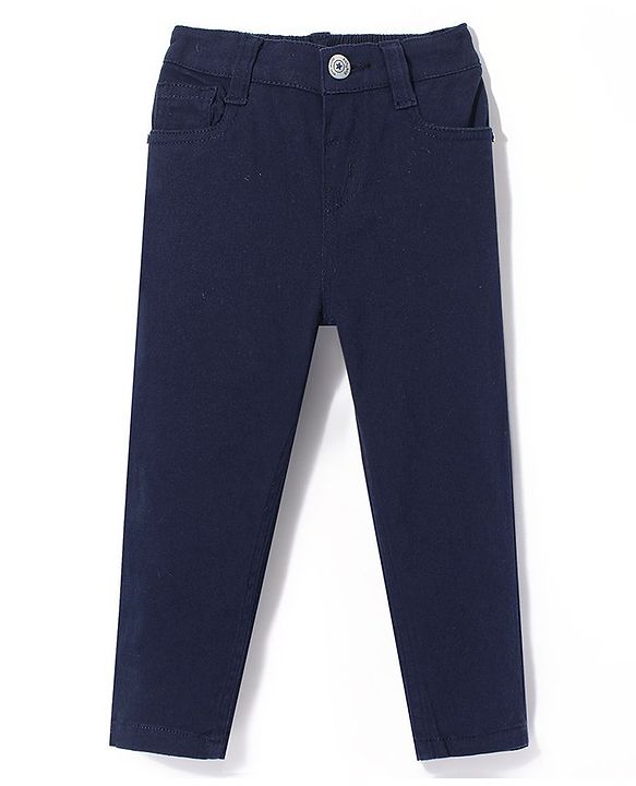 Babyhug Cotton Woven Full Length Trousers with Stretch Solid Color - Navy Blue