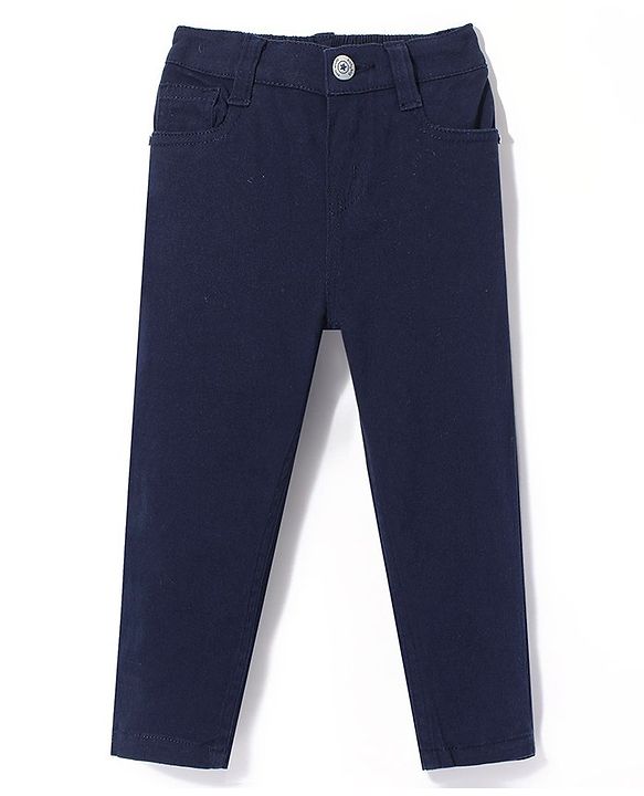 Babyhug Cotton Woven Full Length Trousers with Stretch Solid Color - Navy Blue