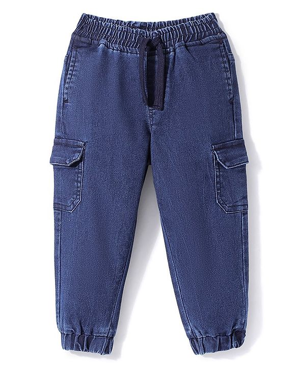 Babyhug Denim Full Length Solid Joggers With Stretch- Dark Blue