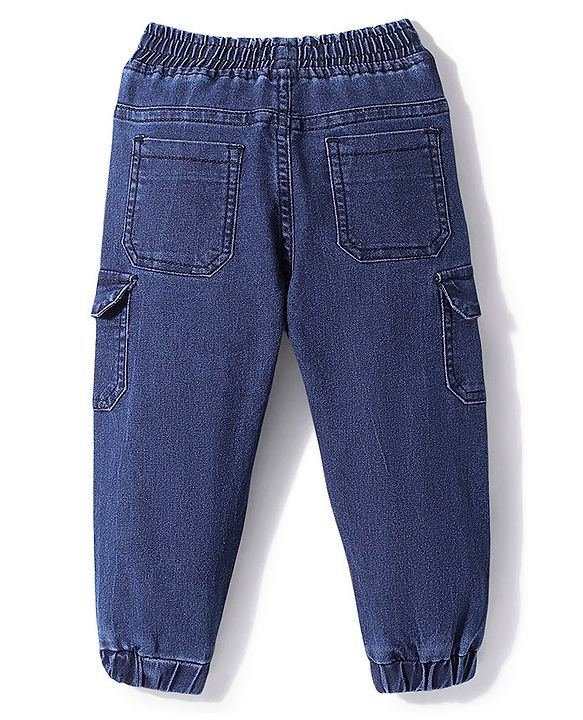 Babyhug Denim Full Length Solid Joggers With Stretch- Dark Blue