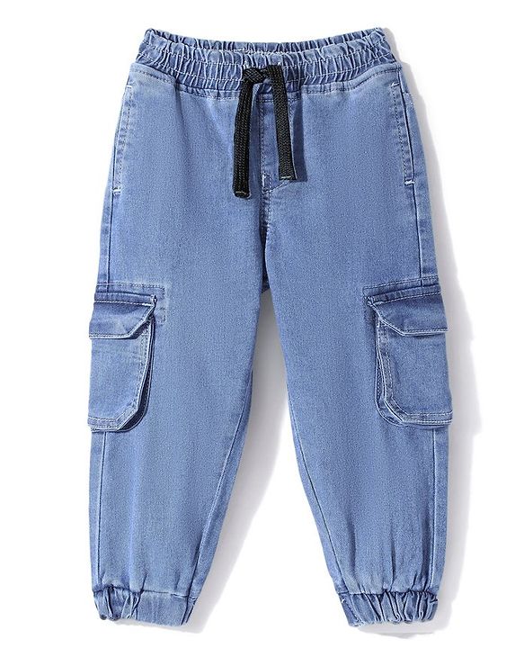 Babyhug Denim Full Length Joggers with Stretch Solid Color - Light Blue