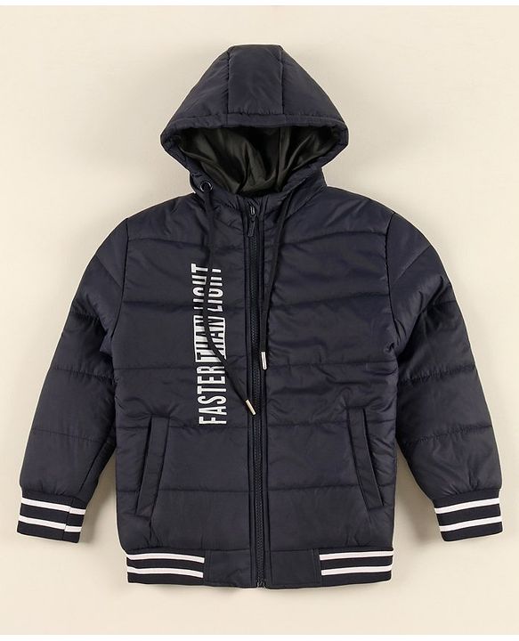 Pine Kids Full Sleeves Medium Winter Hooded Jacket Text Print - Navy Blue
