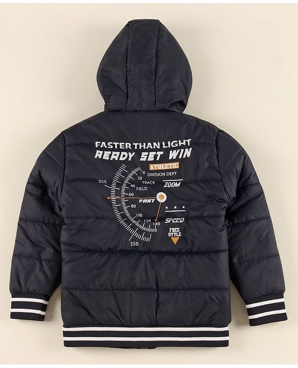 Pine Kids Full Sleeves Medium Winter Hooded Jacket Text Print - Navy Blue