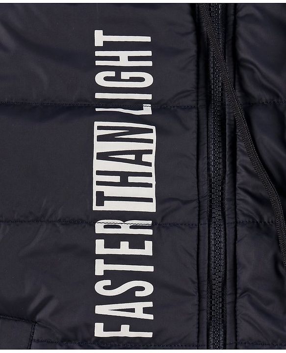 Pine Kids Full Sleeves Medium Winter Hooded Jacket Text Print - Navy Blue