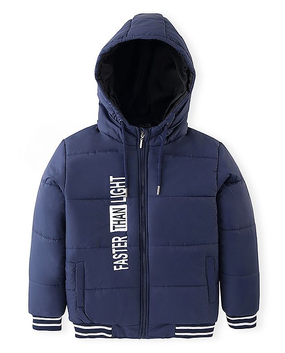Pine Kids Full Sleeves Medium Winter Hooded Jacket Text Print - Navy Blue
