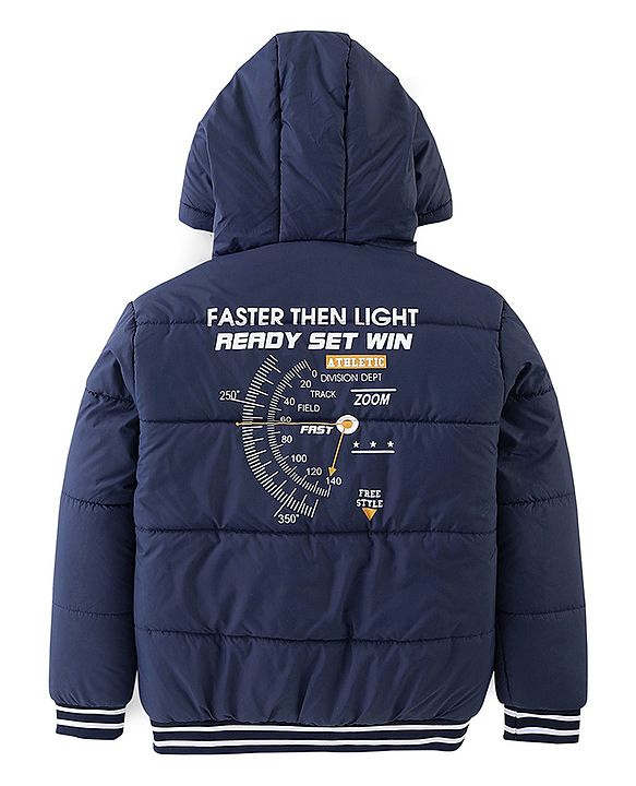 Pine Kids Full Sleeves Medium Winter Hooded Jacket Text Print - Navy Blue
