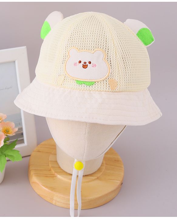 Babyhug Cotton Free Size Bucket Hat with Bear Embroidery - Beige