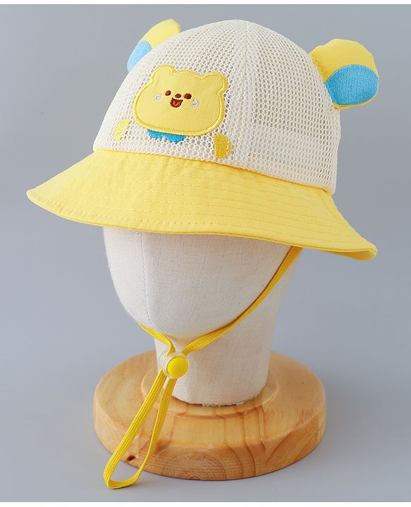 Babyhug Cotton Free Size Bucket Hat with Bear Embroidery - Yellow