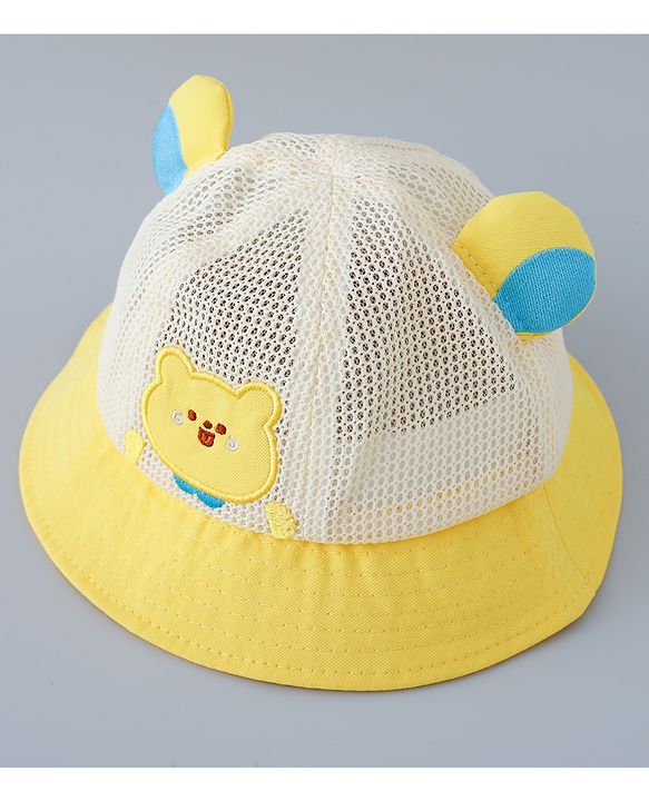 Babyhug Cotton Free Size Bucket Hat with Bear Embroidery - Yellow