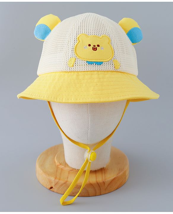 Babyhug Cotton Free Size Bucket Hat with Bear Embroidery - Yellow