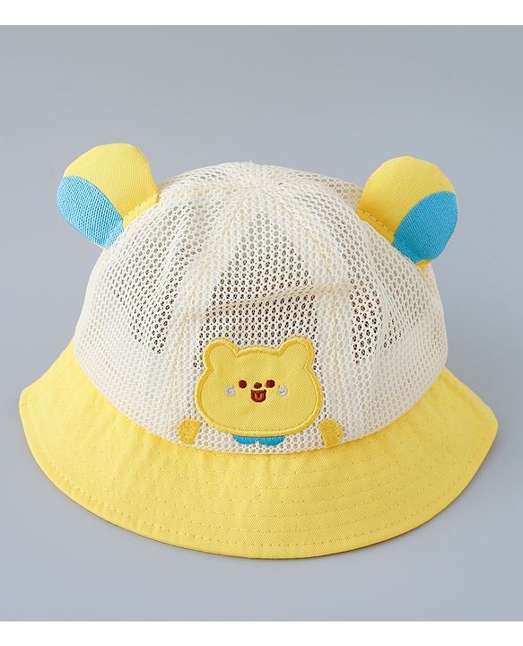 Babyhug Cotton Free Size Bucket Hat with Bear Embroidery - Yellow