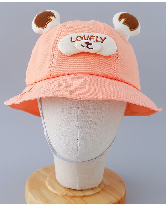Babyhug Cotton Free Size Bucket Hat with Teddy Applique Orange - Circumference 50 cm