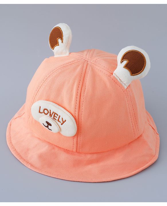 Babyhug Cotton Free Size Bucket Hat with Teddy Applique Orange - Circumference 50 cm