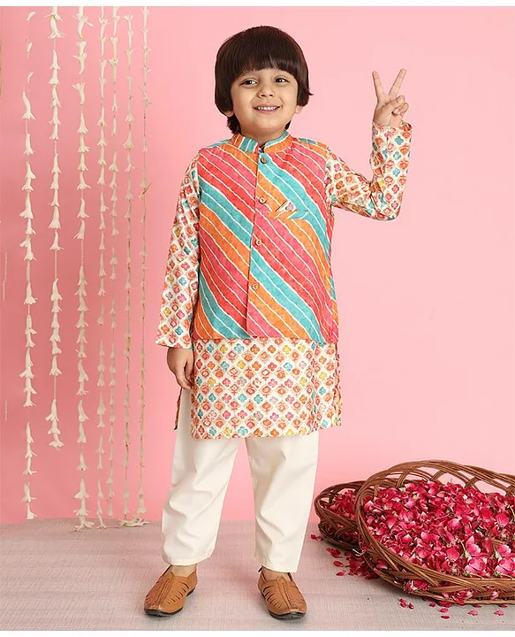 Buy Orange Chanderi Embroidered Zari Nehru Jacket And Kurta Set For Boys by  Mini Trails Online at Aza Fashions.