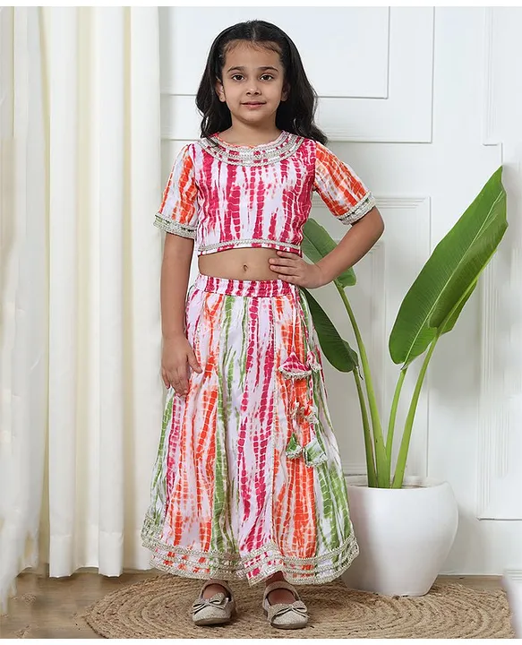 Buy BIBA Half Sleeves Mirror Work Embellished & Tie Dye Choli With Foil  Printed Lehenga & Dupatta Pink for Girls (10-11Years) Online in India, Shop  at FirstCry.com - 14478251