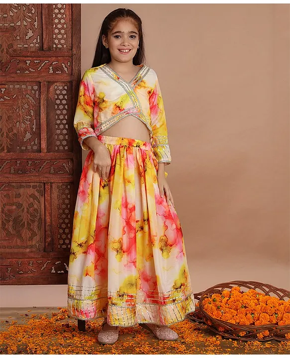 Buy Peach Organza Embroidered Sequin Balloon Sleeved Top And Lehenga Set  For Girls by Kids Lane Online at Aza Fashions.