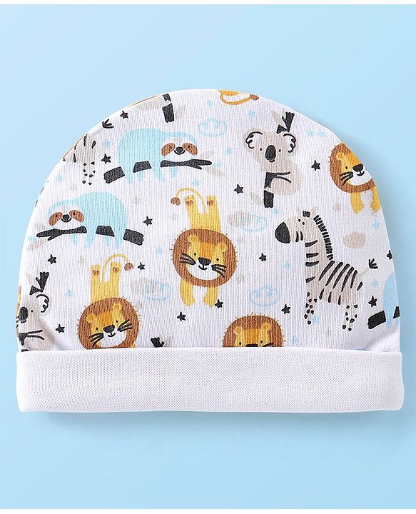 Babyhug 100% Cotton Knit Cap Mittens & Booties Set with Lion Print - White