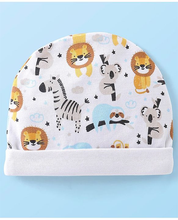 Babyhug 100% Cotton Knit Cap Mittens & Booties Set with Lion Print - White