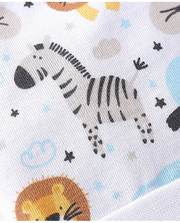 Babyhug 100% Cotton Knit Cap Mittens & Booties Set with Lion Print - White
