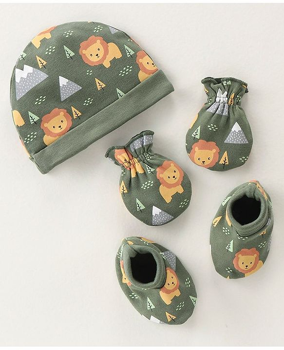 Babyhug 100% Cotton Knit Cap Mittens & Booties Set with Lion Print - Green